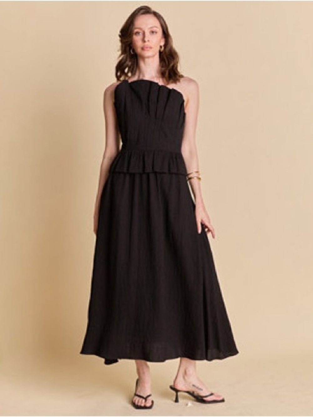 English Factory Black Strapless Pleated Waist Midi Dress